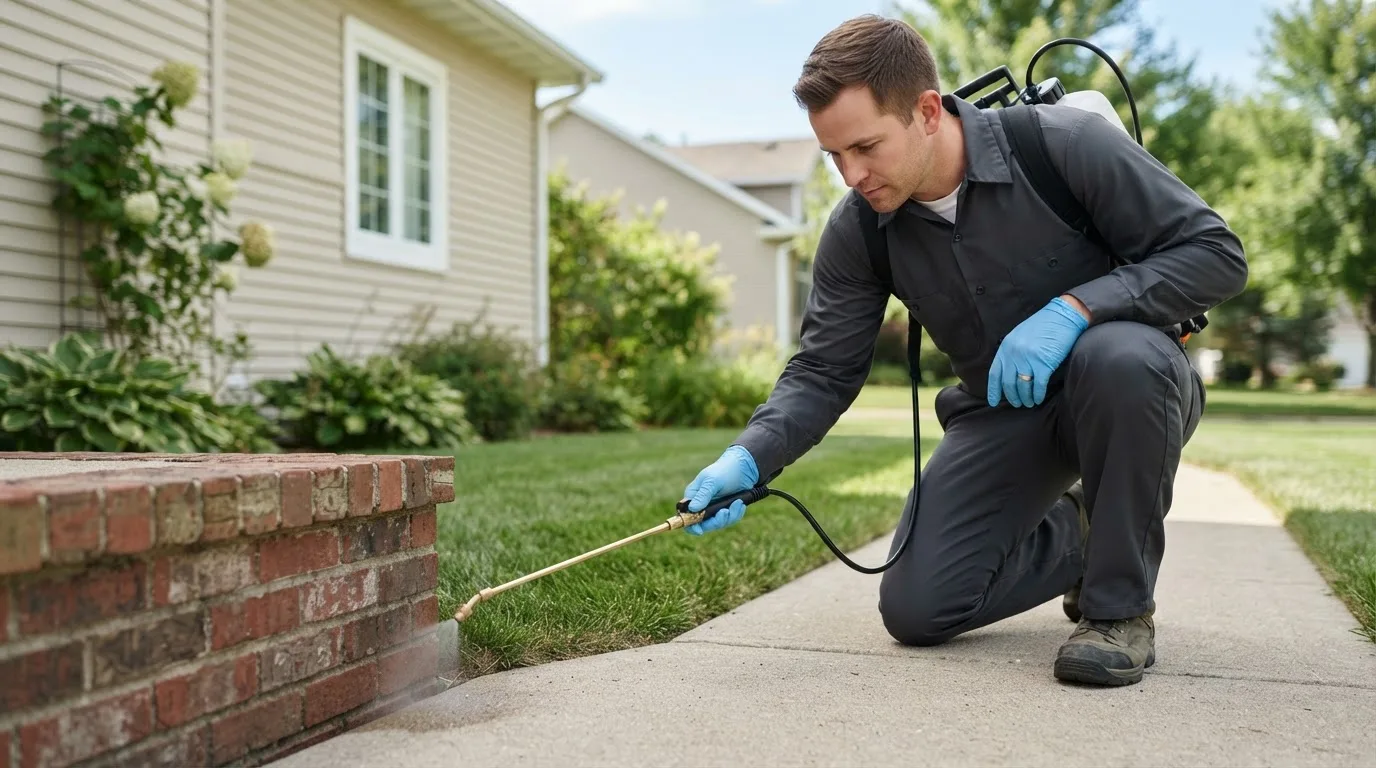 Pest control technician treating a home near Milton, IL